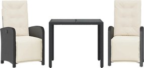 vidaXL Set bistro cu perne, 3 piese, negru, poliratan