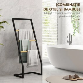 HOMCOM Raft Baie cu 4 Niveluri din Bambus, Suport Prosoape de Dodea Autoportant, 40,5x28x98 cm, Negru | Aosom Romania