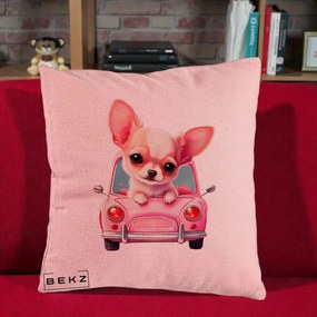 Perna Decorativa Chihuahua Roz in Masinuta, 40x40 cm, Roz, Husa Detasabila, Perna Inclusa, BEKZ®