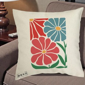 Perna Decorativa Flori Grafice Rosu-Albastru, 40x40 cm, Ecru, Husa Detasabila, Perna Inclusa, BEKZ®