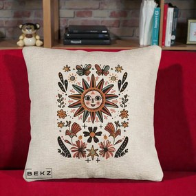 Perna Decorativa Soare Boho Folk Fluturi, 40x40 cm, Bej Canapea, Husa Detasabila, Perna Inclusa, BEKZ®