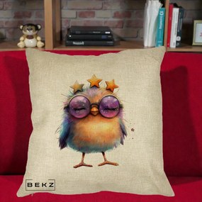 Perna Decorativa Pui Pop Star cu Ochelari Stele Violet, 40x40 cm, Crem, Husa Detasabila, Perna Inclusa, BEKZ®