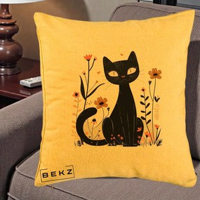 Perna Decorativa Pisica Neagra Flori Pastel Folk, 40x40 cm, Galben, Husa Detasabila, Perna Inclusa, BEKZ®