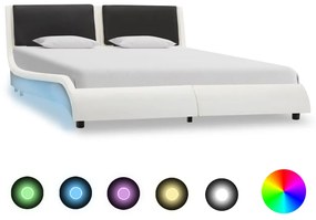 Cadru de pat cu LED, alb si negru, 140x200 cm, piele ecologica white and black, 140 x 200 cm