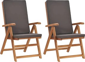 vidaXL Scaune de grădină rabatabile, perne, 2 buc, gri, lemn masiv tec