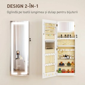 HOMCOM Dulap pentru bijuterii de perete sau pentru ușă, cu oglindă interioară și LED, cu încuietoare și cheie, buzunar cu fermoar, alb | Aosom Romania