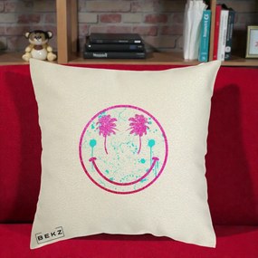 Perna Decorativa Smiley Face Tropical Glitter Roz, 40x40 cm, Ecru, Husa Detasabila, Perna Inclusa, BEKZ®