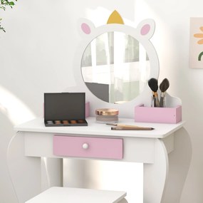 ZONEKIZ Set de Toaletă pentru Fete cu Taburet și Oglindă, Design Unicorn | Aosom Romania