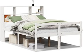 vidaXL Pat cu bibliotecă fără saltea, alb, 140x190 cm, lemn masiv pin