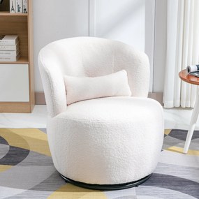 Scaun Birou Girevol din Pluș Teddy cu Pernă Lombară, Bază Metalică Rotativă la 360°, Capacitate 100 kg, 65x70x73 cm, Alb
