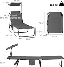 Outsunny Set 2 șezlonguri pliante cu parasolar, spătar reglabil în 5 trepte, Gri închis | Aosom Romania