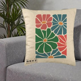 Perna Decorativa Flori Grafice Verde-Roz-Albastru, 40x40 cm, Bej, Husa Detasabila, Perna Inclusa, BEKZ®