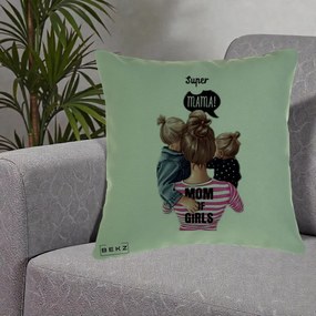 Cadou pentru Mama - Perna Personalizata Super Mama Mom of Girls, 40x40 cm, Verde, Husa Detasabila, Perna Inclusa, BEKZ®