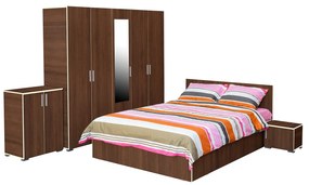 Set dormitor CORINNE, 5 piese, pat 140x200 cm, dulap 5 usi, 2 noptiere, comoda, nuc, cant vanilie