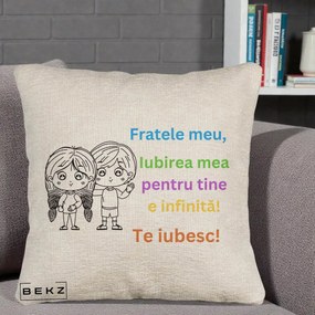 Cadou pentru Frate - Perna Personalizata Fratele Meu Te Iubesc Copii Anime Colorat, 40x40 cm, Bej Canapea, Husa Detasabila, Perna Inclusa, BEKZ®