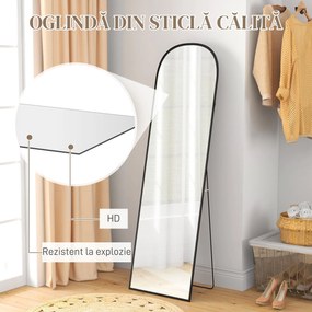 HOMCOM Oglindă de Podea și Perete Modernă din Aliaj de Aluminiu cu Suport Pliabil, 50x170 cm, Neagră | Aosom Romania