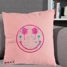 Perna Decorativa Smiley Face Tropical Glitter Roz, 40x40 cm, Roz, Husa Detasabila, Perna Inclusa, BEKZ®