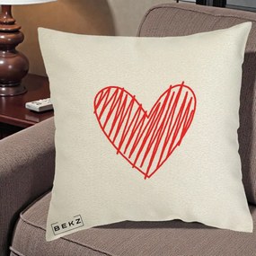 Perna Decorativa Inima Rosie Desen Manual, 40x40 cm, Ecru, Husa Detasabila, Perna Inclusa, BEKZ®