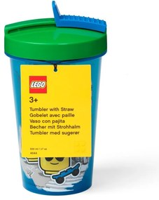 Pahar cu capac verde și pai LEGO® Iconic, 500 ml, albastru