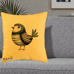 Perna Decorativa Pasare Teal Decorativa Dungata, 40x40 cm, Galben, Husa Detasabila, Perna Inclusa, BEKZ®