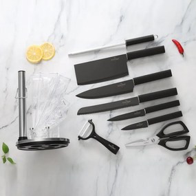 Set de cutite cu suport Swiss Haus SH-KSL9B, 9 piese, Manere antiderapante, Otel inoxidabil, Negru