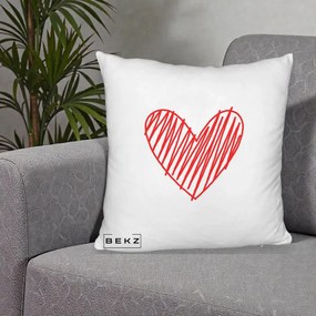 Perna Decorativa Inima Rosie Desen Manual, 40x40 cm, Alb Pufos, Husa Detasabila, Perna Inclusa, BEKZ®