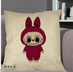 Perna Personalizata Labubu Rosu-Visiniu Solo, 40x40 cm, Crem, Husa Detasabila, Perna Inclusa, BEKZ®