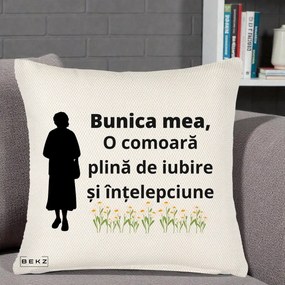 Cadou pentru Bunica - Perna Personalizata Bunica Mea Comoara Iubire Intelepciune Silueta cu Nepoata, 40x40 cm, Crem Reliefat, Husa Detasabila, Perna Inclusa, BEKZ®