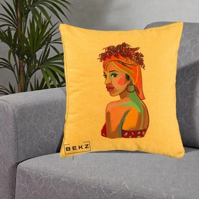 Perna Decorativa Portret Femeie Colorat Pop Art, 40x40 cm, Galben, Husa Detasabila, Perna Inclusa, BEKZ®