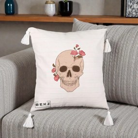 Perna Decorativa Craniu Floral Gothic, 40x40 cm, Bej cu Franjuri, Husa Detasabila, Perna Inclusa, BEKZ®