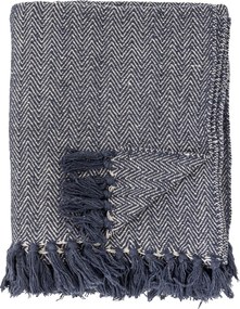 Patura din bumbac reciclat, albastru, model în spic în tonuri natur, franjuri decorative, finisaj țesut, 160 x 130 cm, „Herringbone”