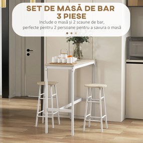 HOMCOM Set masă înaltă de bar + 2 scaune cu structură din oțel și blat cu aspect de lemn natural, pentru 2 persoane, alb | Aosom Romania