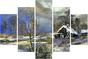 Tablou -Cabane într-un peisaj de iarnă, pictură în ulei (150x105 cm)