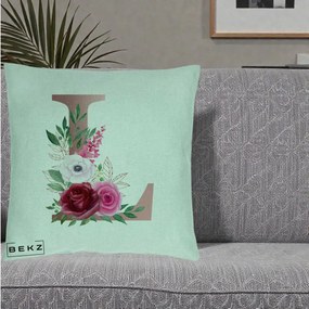 Cadou Personalizat - Perna Personalizata Monograma Rose Gold Litera L, 40x40 cm, Verde Menta, Husa Detasabila, Perna Inclusa, BEKZ®