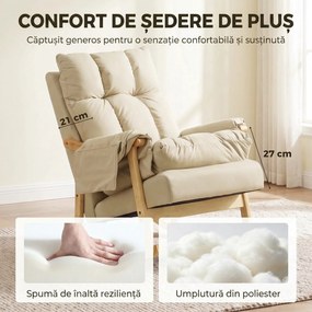 HOMCOM Fotoliu Balansoar Tapițat din Țesătură Tehnică, Șezut Adânc, Buzunare Laterale, Picioare din Lemn de Cauciuc, Bej | Aosom Romania