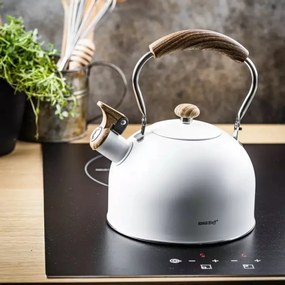 Resigilat: Ceainic cu fluier Kinghoff KH 1860, 2.5 l, Inductie, Maner din lemn, Alb