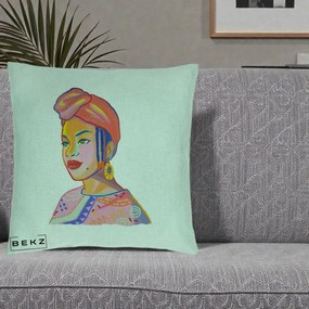 Perna Decorativa Portret Femeie Africana, 40x40 cm, Verde Menta, Husa Detasabila, Perna Inclusa, BEKZ®