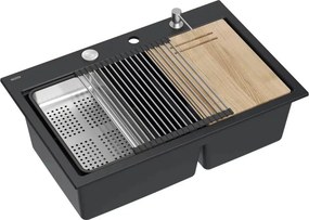 Statie de lucru incastrata Quadron Unique Marc 120 negru carbon - inox 2 cuve 76x50 cm