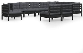 3096759 vidaXL Set mobilier de grădină cu perne 10 piese negru lemn masiv pin