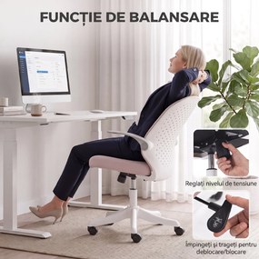 HOMCOM Scaun de Birou Ergonomic cu Brațe Rabatabile și Înălțime Reglabilă, Mesh Respirabil,  60,5x54x99 cm, Roz | Aosom Romania