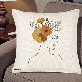 Perna Decorativa Portret Feminin Flori Galbene-Portocalii, 40x40 cm, Crem Reliefat, Husa Detasabila, Perna Inclusa, BEKZ®