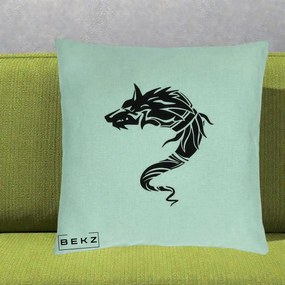Perna Decorativa Lup Tribal Alb-Negru, 40x40 cm, Verde Menta, Husa Detasabila, Perna Inclusa, BEKZ®