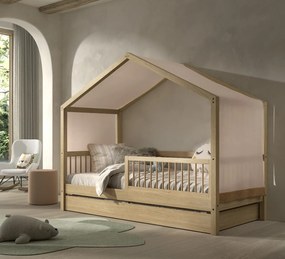 Pat Casă Forrest Beech 90x200 cm, pentru Camera Copii, din Lemn de Fag, cu Sertar, Protecție Suplimentară și Set Textil – Vipack