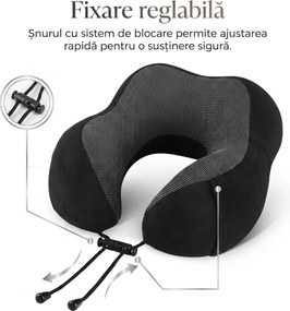 Perna de calatorie cervicala memory foam pentru gat, husa catifea, Negru/Gri
