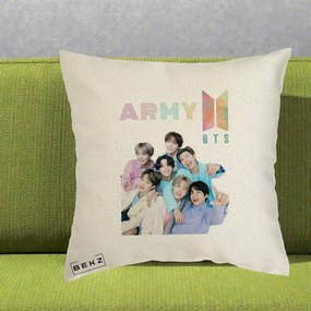 Perna Personalizata K-pop BTS ARMY Fotografie Grup Veseli, 40x40 cm, Ecru, Husa Detasabila, Perna Inclusa, BEKZ®