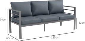 Outsunny Canapea de Grădină cu 3 Locuri cu Perne pentru Scaun și Spate, Canapea Modernă din Aluminiu și Poliester, 185x66x64 cm, Gri | Aosom Romania