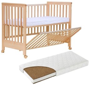 Patut co-sleeping 120x60 cu laterala culisanta total si roti Treppy Dreamy Plus, integral din lemn masiv fag, reglabil pe 5 nivele, include sistem de ancorare, certificat TUV, EN716-1, EN716-2, culoare natur + saltea cocos 12 cm lux