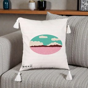 Perna Decorativa Peisaj Desert Oval Pastel, 40x40 cm, Bej cu Franjuri, Husa Detasabila, Perna Inclusa, BEKZ®