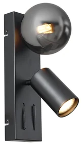 Lampă de perete modernă neagră cu 2 lumini, înclinabilă, cu port USB-C - Lesly