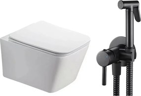 Pachet vas wc suspendat Fluminia Paris, capac softclose si set dus igiena intima negru cu baterie incastrata Rea Loop